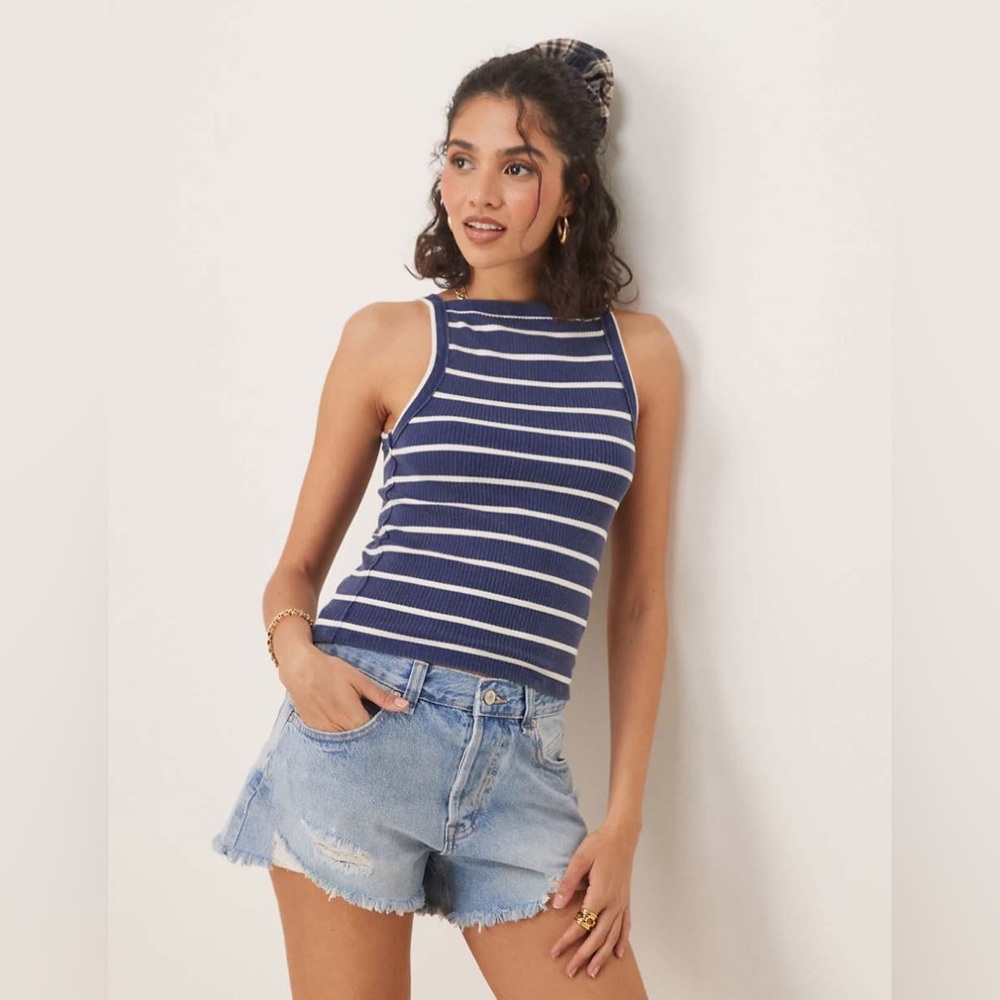 Free People Mia Striped Ribbed Tank Top In Navy Combo